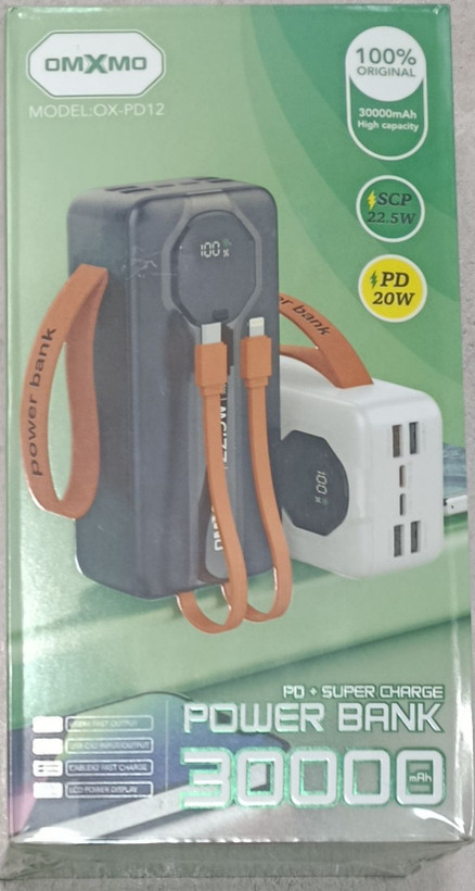 پاوربانک 30000mla OMXMO مدل OX-PD12 فست شارژ 22.5 وات