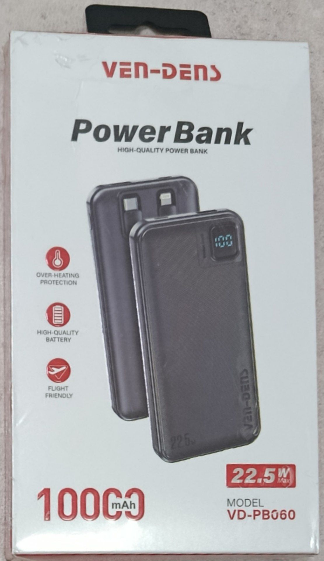 پاوربانک 10000mla VEN-DENS مدل VD-PB060 فست شارژ 22.5 وات